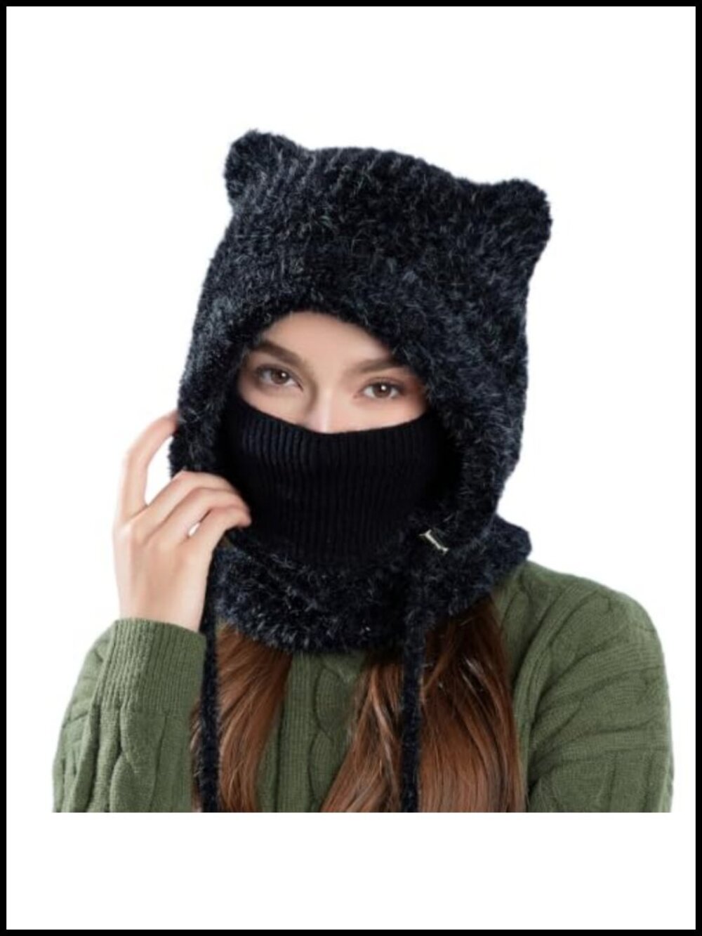 Knit Balaclava Hooded Scarf Beanie Hat Fleece Lined Cat Ear Winter